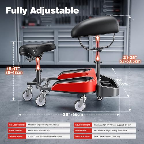 Kneeling Sitting Creeper with Chest Support, Rolling Knee Pads with Adjustable Seat & Tool Tray, 3-Inch Multi-Terrain Casters & Anti-Flip Protection for Tile Flooring, Auto Repair & Gardening