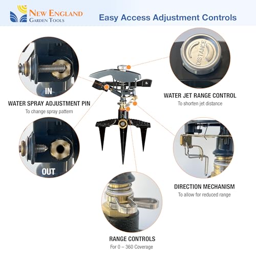 Heavy Duty Impact Pulsating Sprinkler 300004, Powerful Jet Reach 80 ft Diameter, 360° Range Control to Cover up to 5,000 Sq Ft for Farm, Lawn and Garden Irrigation, by New England Garden Tools