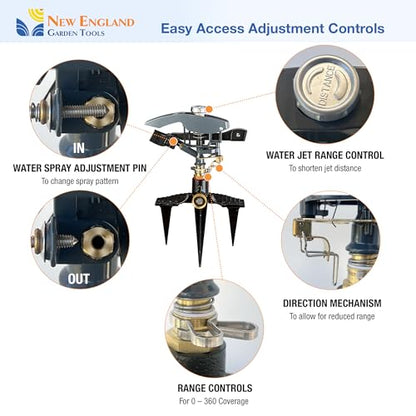 Heavy Duty Impact Pulsating Sprinkler 300004, Powerful Jet Reach 80 ft Diameter, 360° Range Control to Cover up to 5,000 Sq Ft for Farm, Lawn and Garden Irrigation, by New England Garden Tools