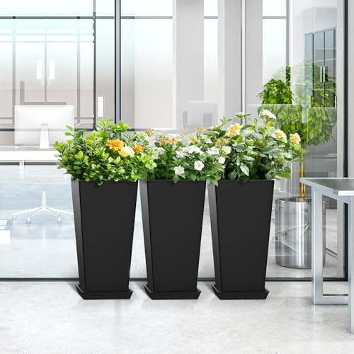 TUYOHW 24 Inch Tall Tapered Square Planters (Set of 2) - Indoor Outdoor Large Flower Pots with Built-in Drainage & Matching Water Tray for Patio, Garden, Home - Black - color: Black