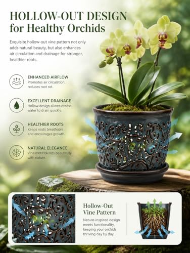 Orchid Pots with Holes, Ceramic Planter Flower Pot for Orchids Indoor Outdoor with Drainage and Saucer, Macetas para Orquídeas,Large 6.5 Inch, 5.3 Inch (Blue) - color: Blue