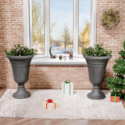 Tall Plastic Urn Planters and Pedestal - 24" Outdoor Planter Grey - color: Dark Grey-trophy