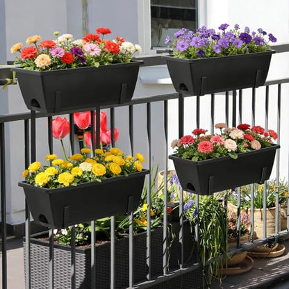 2 Tier Railing Planter Box Set of 2, 4 Pack Black Window Boxes Planters - color: Black