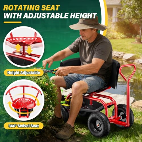 Garden Seat with Wheels, Rolling Garden Stool with Adjustable 360°Swivel Seat - color: Red