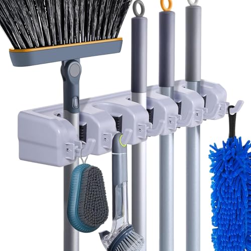 HYRIXDIRECT Broom Hanger Wall Mount Broom and Mop Organizer Wall Hanging Garden Tool Organizers Rack Garage Laundry Room Organizations and Storage with Hooks Heavy Duty - color: Gray