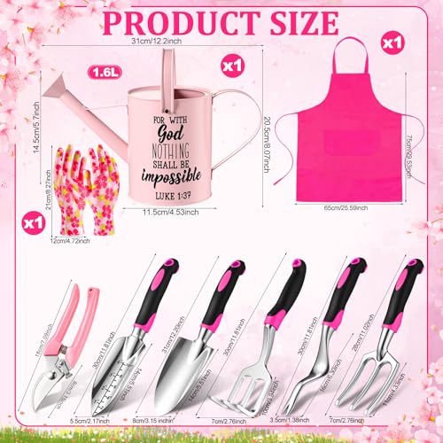 Blueweenly 9 Pcs Watering Can Garden Tools Kit with Bible Verse Christian Gardening Gifts for Women with Heavy Duty Garden Hand Tools 1.6L Galvanized Metal Can Apron Gloves for Mom Grandma(Pink)