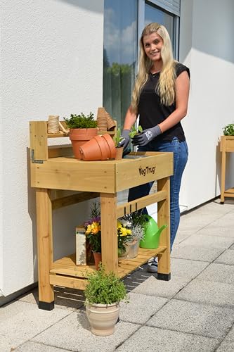 VegTrug Deluxe Cedar Potting Bench, Natural - Outdoor Workstation with Removable Metal Tray, Built-in Shelves & Storage for Gardening, Repotting, Seed Starting, Patio & Greenhouse Use