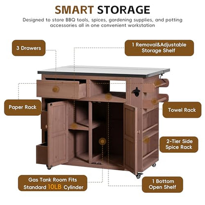 GDFStudio Winford Patio Kitchen Island Cart with Extendable Top, Wooden Outdoor Storage Cabinet with Stainless Steel BBQ Prep Table Top, Drawers, Spice Rack and Lockable Wheels, Potting Bench, Brown - color: Brown