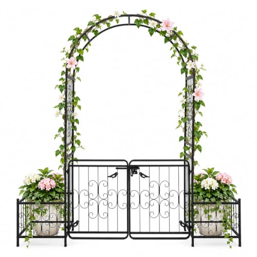 VINGLI Garden Arbor Arch with Gate and Planter Box, Wedding Arch Archway for Ceremony Party, Trellis for Plant Climbing, Christmas Decorations Pergola for Backyard, Lawn, Patio, Yard - style: Arbor with Gate and Planter Box