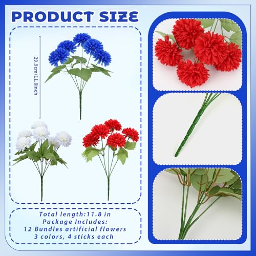 XunYee 12 Pcs Red White Blue Artificial Flowers for Outdoor,Faux Mums - color: Patriotic Tricolor