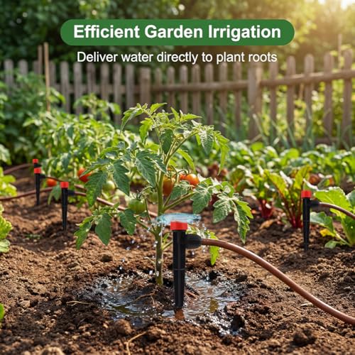 30 PCS Drip Irrigation Emitters with Stakes, 1/4 in Push-to-Connect Drippers, Adjustable 360° Water Output for Garden and Plant Watering(Color:Red) - color: Red