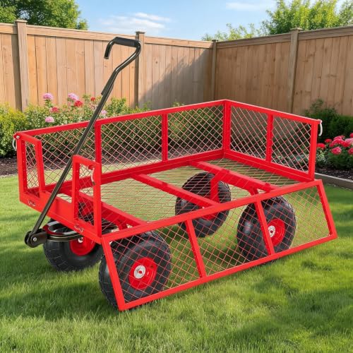 Steel Garden Cart - Heavy Duty Utility Wagon, 500 lbs Capacity, Mesh Removable Sides, Flexible Handle for Yard, Lawn, Outdoor - Red (Pantone 186C, HEX: #E03C31) | 500 pounds | Red - Pantone - color: Red, size: 500 LBS