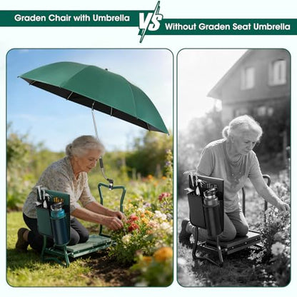 2-in-1 Garden Kneeler with Umbrella, Garden Kneeling Bench & Green Umbrella, Portable Garden Stool Loads Capacity 330lb and Garden Tools Bag with bottle holder, Gardening Gifts for Women,Men,Seniors - color: Green