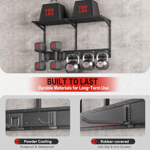Garage Wall Organizer with Storage Shelves, 32" Garden Tool Organizer with Shelving Units and Hooks Hangers, Heavy Duty Metal Shelf with Shovel Rake Holder, Garage Organization Rack for Yard Shed Lawn