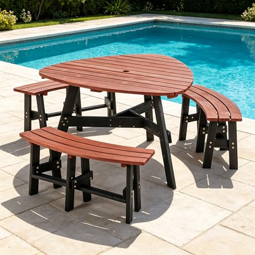 Wood Picnic Table with Benches &Umbrella Hole Elegant Triangle Outdoor Picnic Table for 3-6 People Reddish-Brown Tabletop and Black Legs for Backyard, Porch, Patio, Deck - size: 69inch