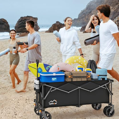 Uyittour 300L Extra Large Collapsible Foldable Wagon, 440lbs Load Capacity 48''L Extended Heavy Duty Folding Beach Wagon with Big All-Terrain Wheels, Utility Garden Cart for Outdoor Activities, Black