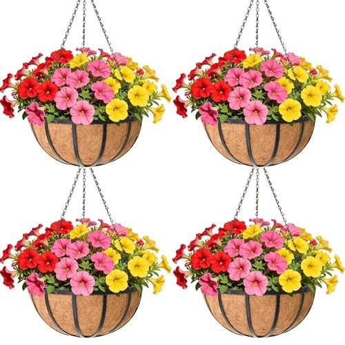 14 Inch Black Flat Iron Metal Hanging Planter Basket with Coco Coir Liner(4 Pack) Hanging Planters for Outdoor Plants Hanging Baskets for Plants Flower Pots for Deck Patio Porch Garden Balcony - size: 14 Inch