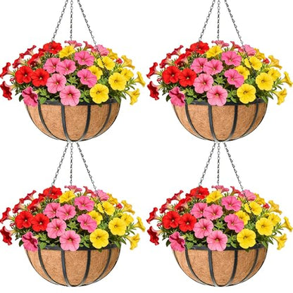 14 Inch Black Flat Iron Metal Hanging Planter Basket with Coco Coir Liner(4 Pack) Hanging Planters for Outdoor Plants Hanging Baskets for Plants Flower Pots for Deck Patio Porch Garden Balcony - size: 14 Inch