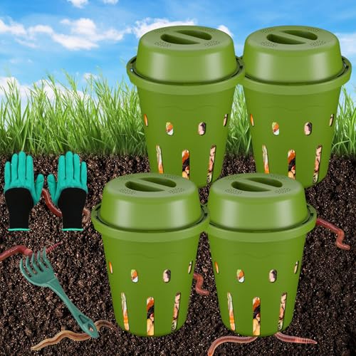 Inground Worm Composter, Mini Underground Worm Farm for Garden Beds, Outdoor Worm Compost Bin for Food Waste, Vermicomposting Bin for Beginners, Elderly, Children (7x7x7.4Inch), Green, 4-Pack - color: Green, size: 4-Pack