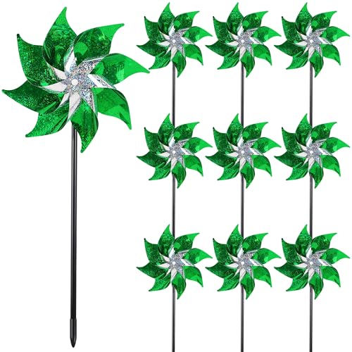 Hausse 10 Pack Reflective Pinwheels Holiday Decor (Assembly Required), Sparkly Wind Sculptures for St. Patrick's Day Decorations Party Supplies, Scare Birds Away from Garden Yard Patio Farm, Green - color: Green
