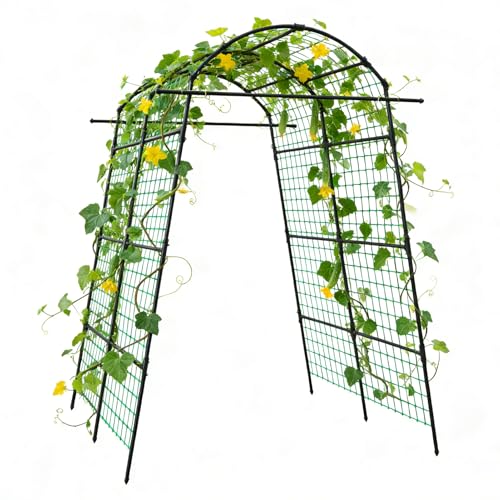 AGTEK 87" H×65" W Metal Garden Arch Trellis with Nylon Netting, 60LBS Load, Adjustable Width for Climbing Plants - size: 65"W x 87"H