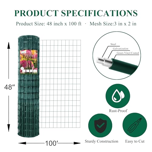 Green PVC Coated Welded Wire Fence 48" x 100' Roll, 2"x3" Mesh, 16 Gauge - color: Green, size: 2''x3'' 16GA 48''x100'
