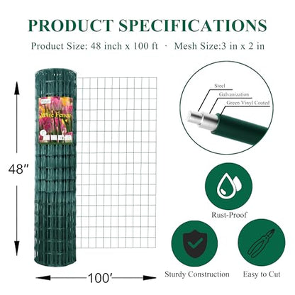 Green PVC Coated Welded Wire Fence 48" x 100' Roll, 2"x3" Mesh, 16 Gauge - color: Green, size: 2''x3'' 16GA 48''x100'