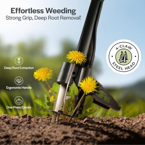 Weed Puller Tool with Long Adjustable Handle (36", 40", & 45"), Quick-Release Weed Ejector Mechanism, Lightweight Aluminum Stand-Up Heavy Duty Weed Remover, 4-Claw Head & Foot Pedal for Easy Weeding - size: Large