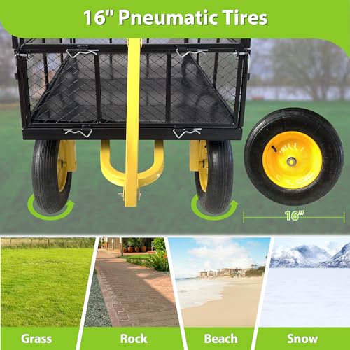 KEIKI 1400 lb Steel Garden Cart with Removable Mesh Sides, Heavy Duty Utility Wagon Convertible Flatbed, 16 in Pneumatic Tires, 2-in-1 Handle Tow Behind or Pull for Yard, Farm, Lawn - color: Yellow