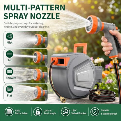 Retractable Garden Hose Reel, 150FT Wall Mounted Auto Rewind Water Hose Reel with 180° Swivel Bracket, Any Length Lock, Kink-Free Hose Guide, Multi-Pattern Spray Nozzle for Yard, Lawn & Outdoor - size: 150 FT