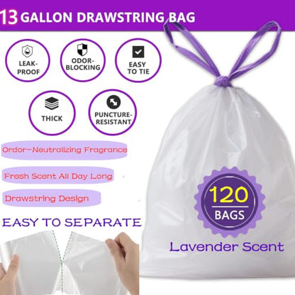 13 Gallon Tall Kitchen Trash Bags Drawstring 120CT Lavender Scented Strong - size: 1 Count (Pack of 120)