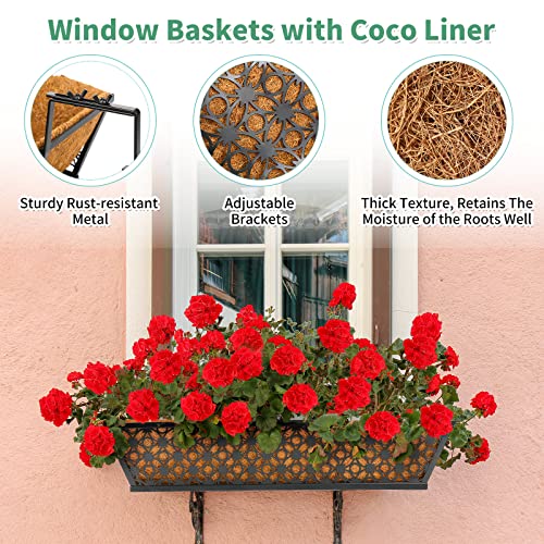 Potchen 6 Pack 24 Inch Railing Window Boxes Planters with Coconut Liner Boxes Metal Black Hanging Flower Planter Window Basket for Indoor Outdoor Lawn
