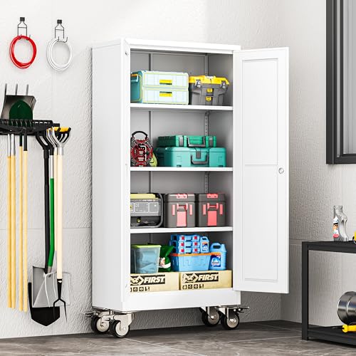 erosoei 61" H Metal Garage Storage Cabinet, Rolling Tool Cabinet with 2 Doors and Wheels, Locker Steel Cabinet with 3 Adjustable Shelves, Organization Cabinet for Garage,Office,Home,Gym,School（White） - color: White, size: 61"-CasLck