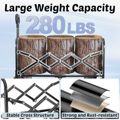 Wagons Carts Foldable, 280 Lbs with Adjustable Handle, Black Lightweight Portable, Collapsible Wagon for Beach Trip, Camping, Shopping, Sports, Travel, Picnic and Grocery (Dark Black)