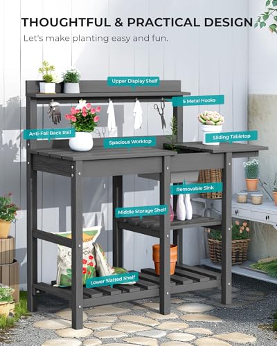 SERWALL Outdoor Potting Bench with Removable Sink,Gardening Table,Grey - color: Gray, size: Classic