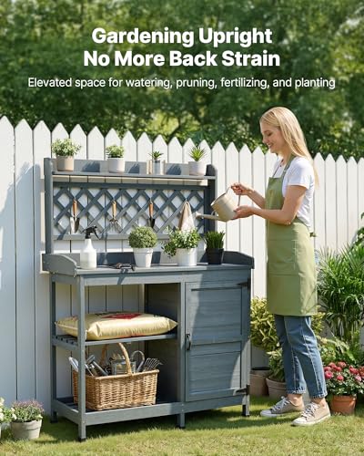 VEVOR Potting Bench Table, Outdoor Gardening Wooden Workstation with Storage Cabinet, Storage Shelves, 43 x 18 in Wood Tabletop, Garden Planting Work Station for Patio, Backyard, Balcony, Gray - color: Gray 4-layer, size: 43x18x58inch