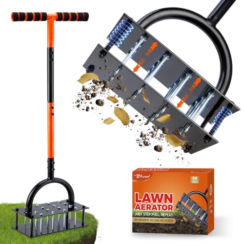 Bluesea Lawn Aerator Tool - 16 Iron Spikes with Ergonomic T-Handle, Automatic Dirt Clean for Soil Loosening & Yard Aeration, Manual Metal Grass Aerator (Orange) - color: Orange