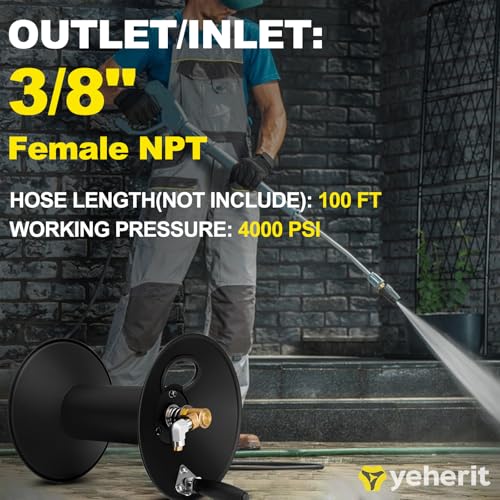 High Pressure Washer Hose Reel 100ft 3/8" NPT, 4000 PSI Heavy Duty Steel Power Washer Hose Reel with Swivel Arm, Mounting Bracket & M22 14mm Fitting, Wall/Machine/Van/Trailer Mount Compatible