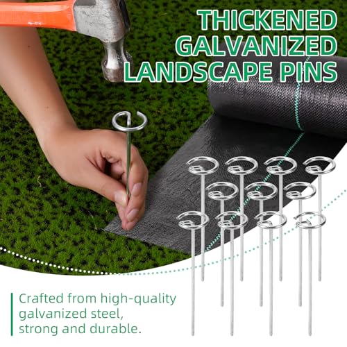 300 Pack 12 Inch Landscape Staples, Thickened 8 Gauge Circle Top Garden Stakes Heavy Duty Galvanized Landscape Fabric Pins for Securing Weed Barrier, Turf, Lawn, Fence, Tent - size: 12 Inch