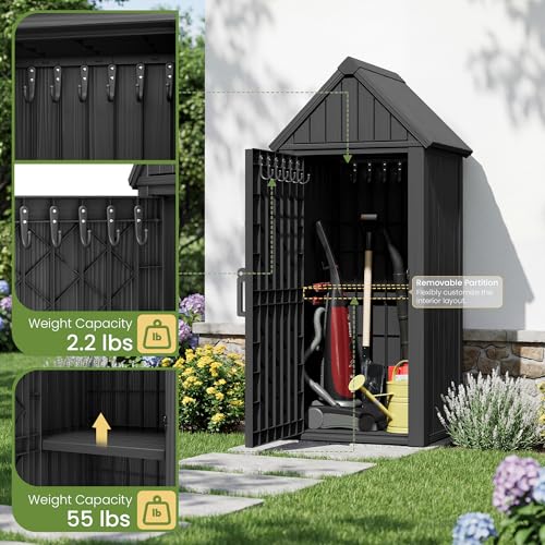 Fancyango Outdoor Resin Storage Cabinet Sturdy All-Weather Shed with Removable Shelves Lock Ring & Reinforced Floor – for Garden Patio Lawn (Black) - color: Black
