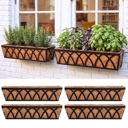 LaLaGreen Wall Planter (4 Pack, 30 Inch) Large Railing Planter Box for Outdoor Plants with Coco Liner, Metal Balcony Flower Basket Deck Rail Railing Fence Window Attach House Horse Trough Fence Porch - size: 30" (76cm) x 4 Pack