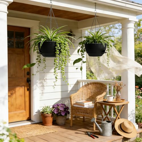 UOUZ 13 Inch 2 Pack Large Self Watering Hanging Planters for Indoor Outdoor Plants, Hanging Plant Pots with Removable 50 Oz Reservoir, Plastic Hanging Basket for Window Porch Garden Balcony, Black - color: Black