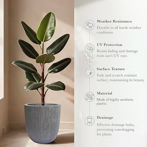 12.4"H Tapered Ribbed Lightweight Plastic Planter w/ Drainage Hole & Plug - color: Mediterranean Gray., size: 12.4in