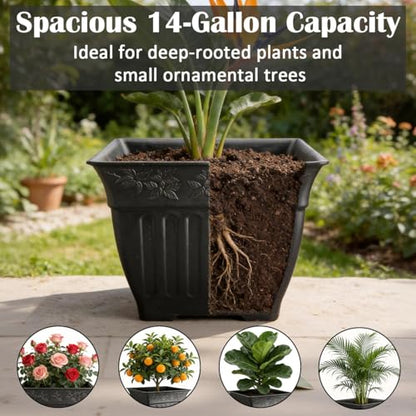 4-Pack 18 Inch Large Outdoor Planters, Embossed Leaf Pattern, Black - color: Black, size: 4P-18 INCH