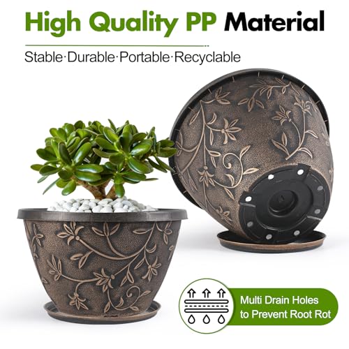 Nooulap 8 Inch Plant Pots with Drainage Hole, 4 Pack, Retro Brown - color: Retro Brown, size: 8 inch