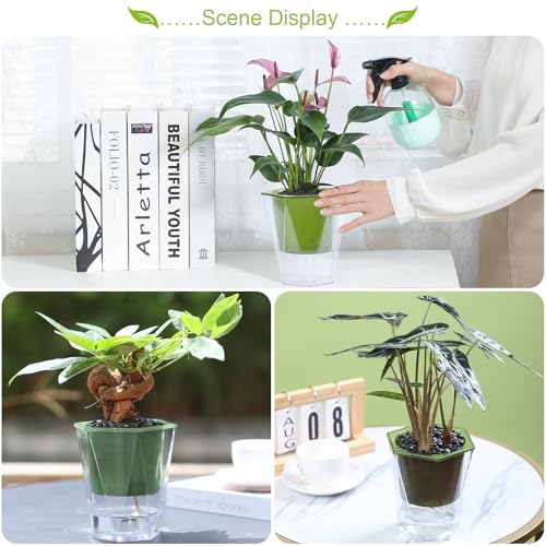 Oliz Self Watering Planter 5 Pcs, 4.5 Inch Flower Plant Pot with Transparent Inner Pot, Gardening Flowerpot with Watering Can, Indoor Self Watering Planter Pot for Herbs, Flowers (Green) - color: Green