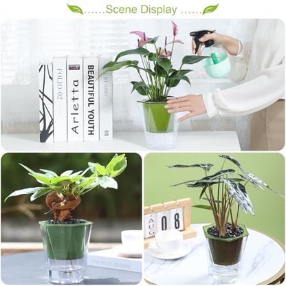 Oliz Self Watering Planter 5 Pcs, 4.5 Inch Flower Plant Pot with Transparent Inner Pot, Gardening Flowerpot with Watering Can, Indoor Self Watering Planter Pot for Herbs, Flowers (Green) - color: Green