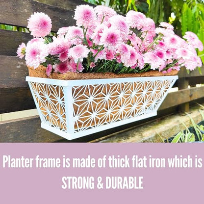 LaLaGreen Window Boxes Planter (2 Pack, 16 Inch) White Metal Rectangular Wall Planters with Coco Liner, Horse Trough Deck Railing for Outdoor Plants Holder, Modern Rail, Balcony, Fence, Porch Patio - size: 16" (41cm) x 2 pack