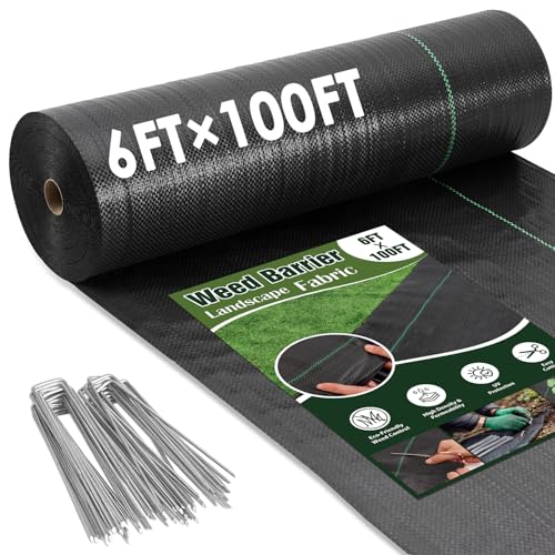 HongWay 6FT x 100FT Weed Barrier Fabric, Landscape Fabric with 40 Staples - size: 6FT x 100FT