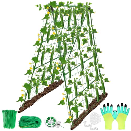 32 x 53 Inch Cucumber Trellis for Climbing Plants Outdoor A-Frame Garden Trellis for Raised Bed Detachable Sturdy Garden Plant Support Trellis for Small Plant Vegetable Flower Grape with Climbing Net - size: 1pack 32 x 53 Inch